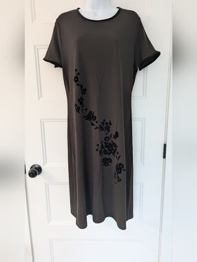 Vintage Fenn Wright Manson Brown Midi Dress XL Velvet Trim Sequin Floral 90s